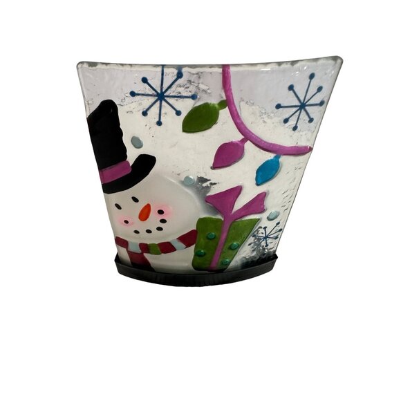 Holiday Tealight Candle Holder Christmas Snowman Glass Metal Decorations - Picture 7 of 8